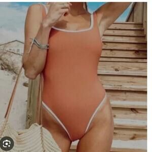 LainSnow Womens Small Rosy Peach One Piece Swimsuit Summer Ribbed Beach Vacation